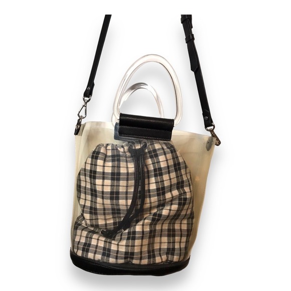 Zara Plaid Y2K Style Vinyl Shopper Bucket Bag w/Strap & Handle Vegan Leather - Picture 4 of 9